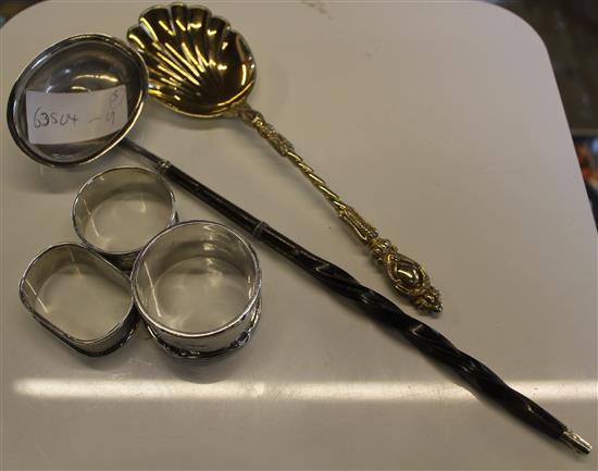 Toddy ladle, silver spoon and 3 napkin rings